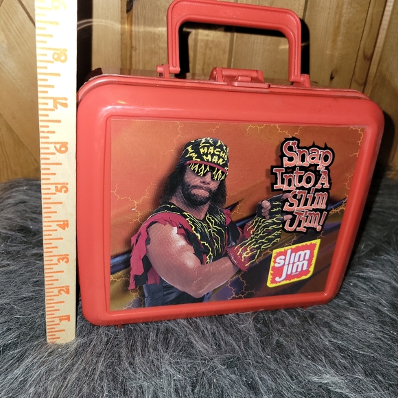 Macho Man Randy Savage  Slim Jim Aladdin Lunch Box Vintage Red Plastic - Picture 2 of 14